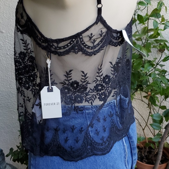 Crop Black Lace Sheer top adjustable can be used as cover up NWT - Picture 3 of 3
